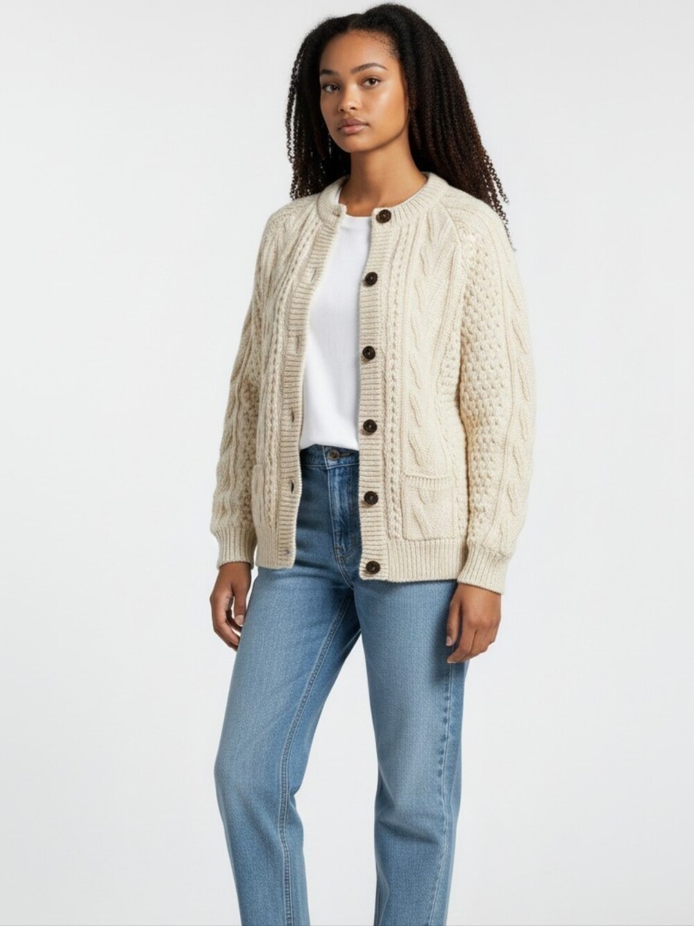 CladyKnit Donegal Handcraft Irish Aran Cardigan Sweater Pure Wool Cream Size 38